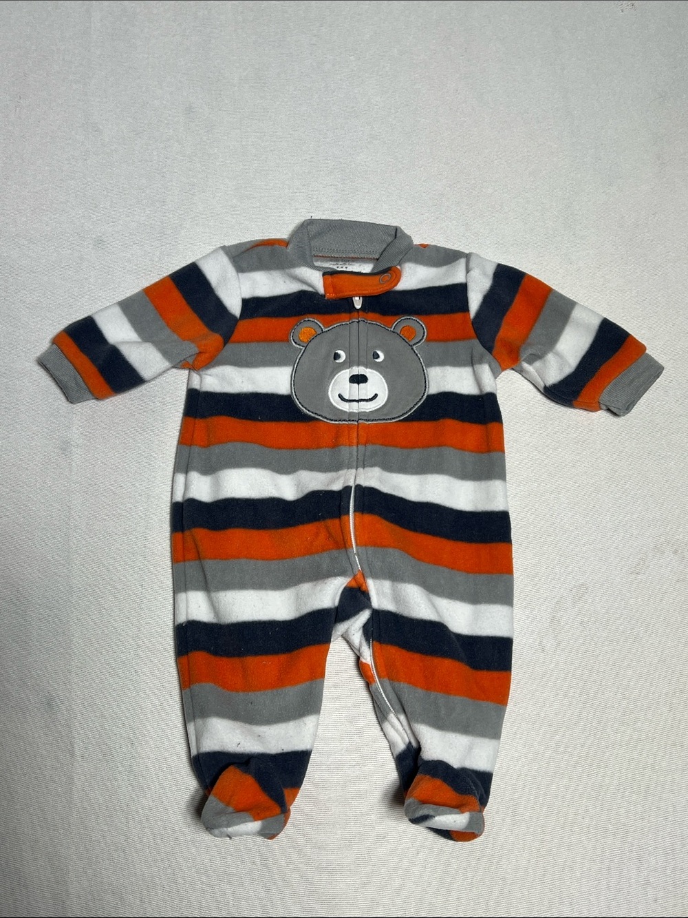Carter's Orange Gray Navy White Striped Bear Fleece One-Piece